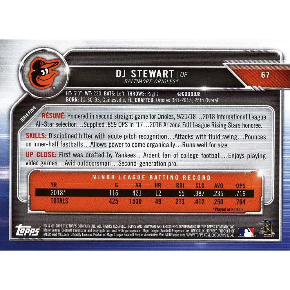 2019 Bowman DJ Stewart RC #67 Baltimore Orioles